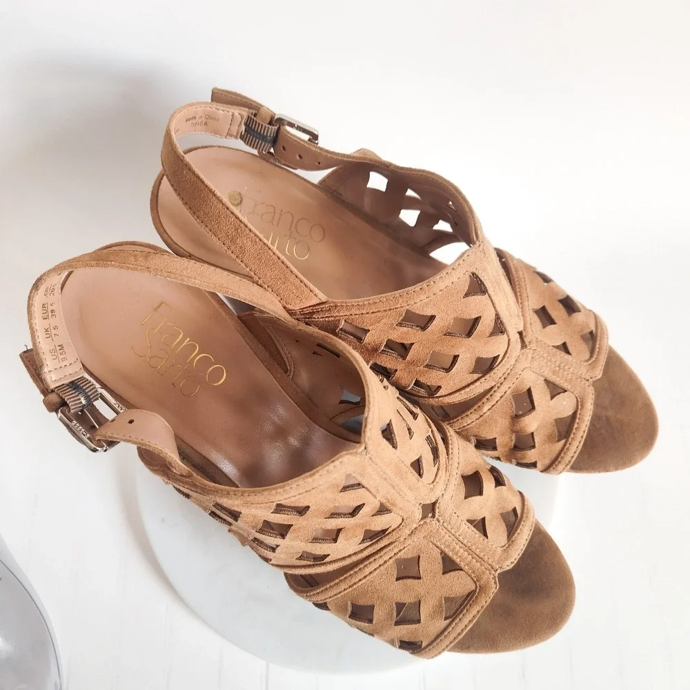 Franco Sarto Sandals Size 9.5 Wedge Platform‎ Shea Tan Faux Suede Laser Cut Cork